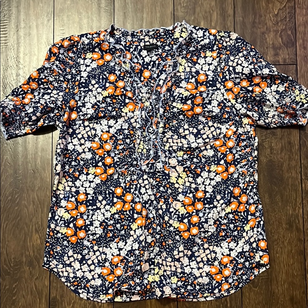 Talbots Navy Floral Ruffle Blouse